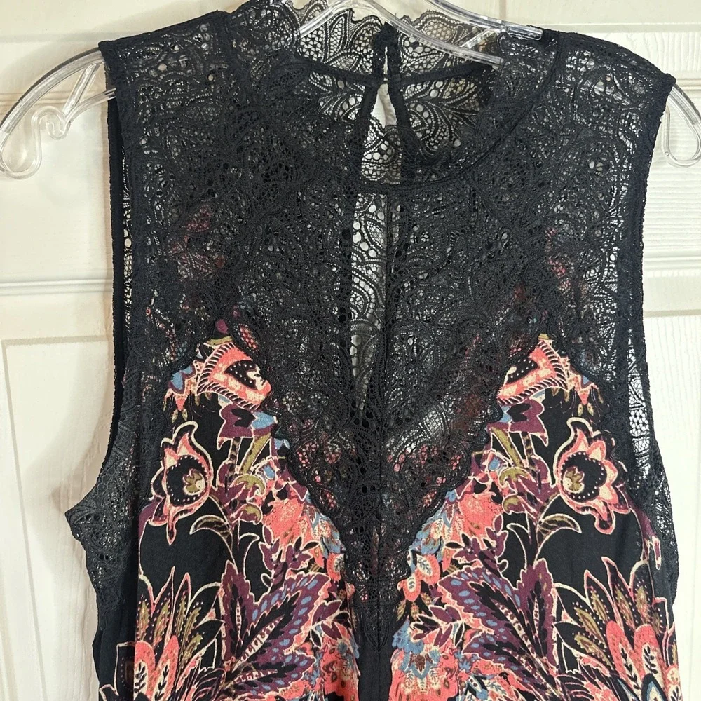 Free People Marsha Print Slip Dress Black High Neck Mini Lace And Keyhole Back L - Picture 5 of 16